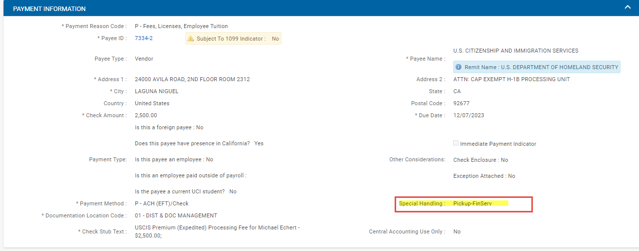 Screenshot of Payment Information tab in KFS doc