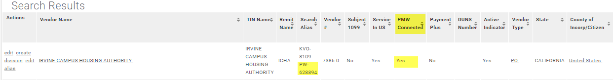 Vendor Lookup search results with PW number and PMW Connected columns highlighted.