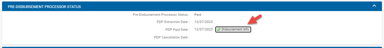 KFS doc PDP tab with disbursement info button indicated.