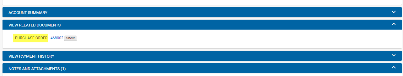 Screenshot showing View Related Documents tab. Purchase is highlighted 