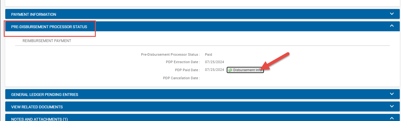 kfs document screenshot showing Disbursement Info button under the pre-disbursement processor status tab