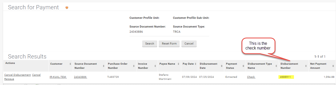 Screenshot of KFS search results with Disbursement Number highlighted