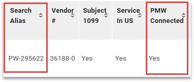 paymentworks search results showing search alias and pmw connected