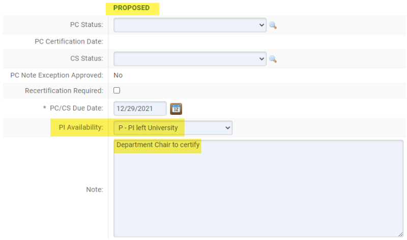 PI Availability and Note field