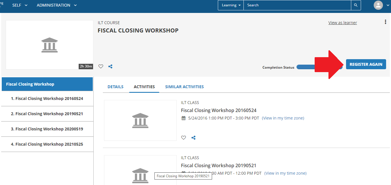 Register Again button on UCLC class screen