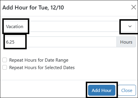 Adding vacation hours as 6.25 hours. Add hour button is highlighted. 