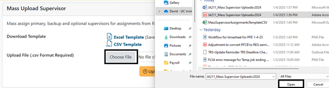 Choose file button highlighted and resulting open button
