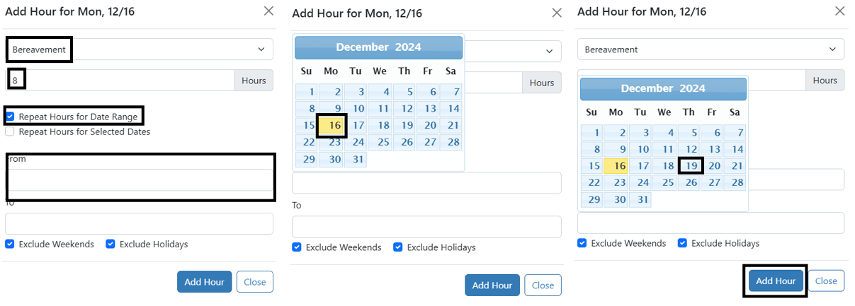 Menu options for repeating a range of hours