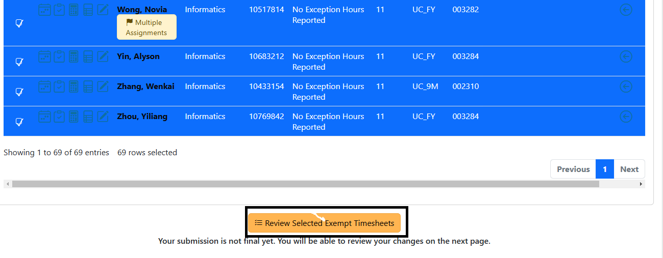 Review selected exempt timesheets button highlighted