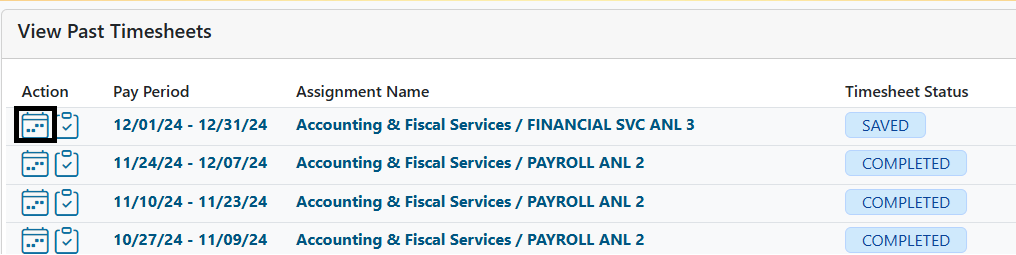 Timesheet icon selected under action column on view past timesheets page. 