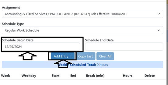 Enter schedule begin date