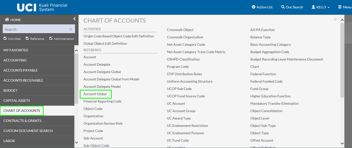 chart of accounts portlet