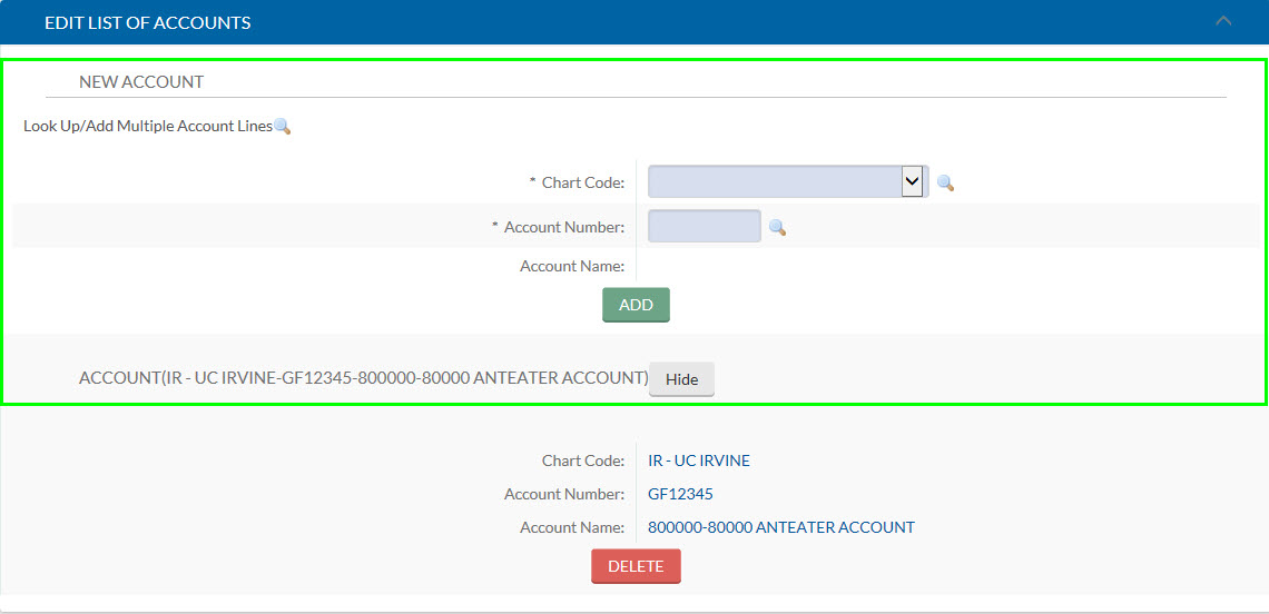 new Chart Code and Account Number fields