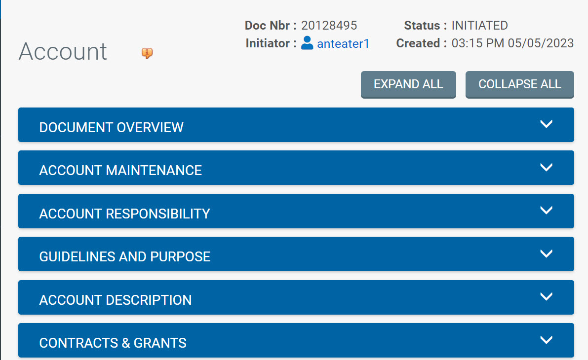 Account Document with all tabs hidden.