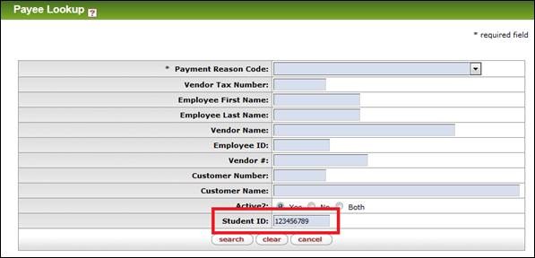 Student ID box is located on the Payee Lookup screen. It is the final field. 