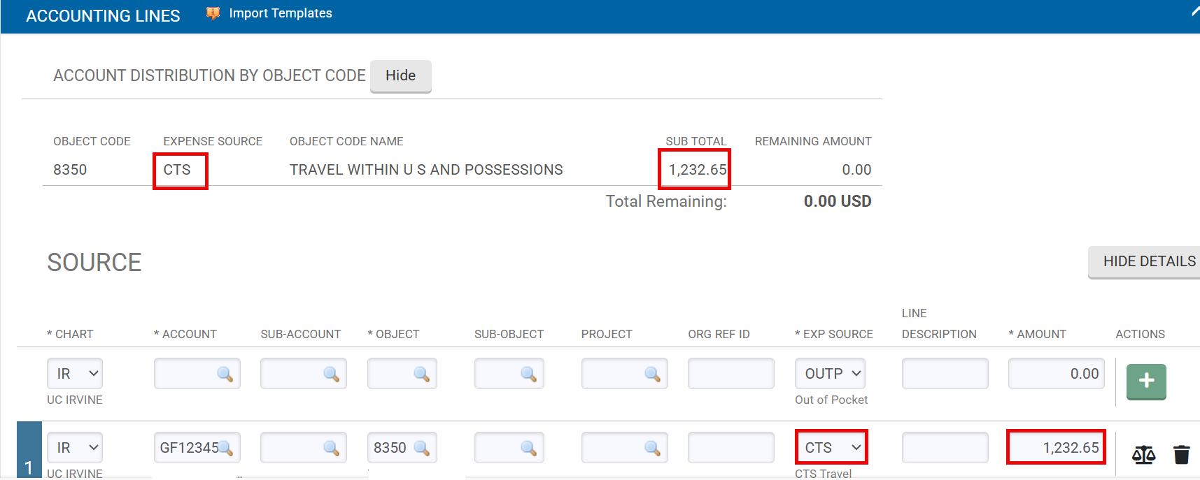 Accounting lines tab with "CTS" selected as Expense Source and $1,232.65 in the amount filed. 