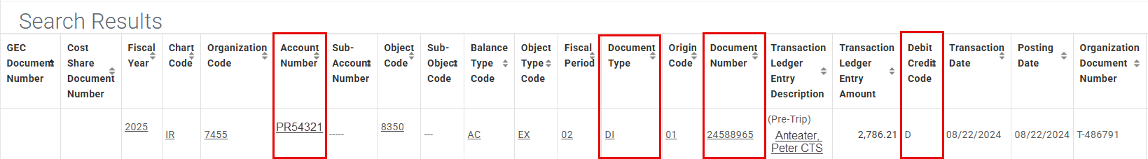 General Ledger entry showing document type 'DI'