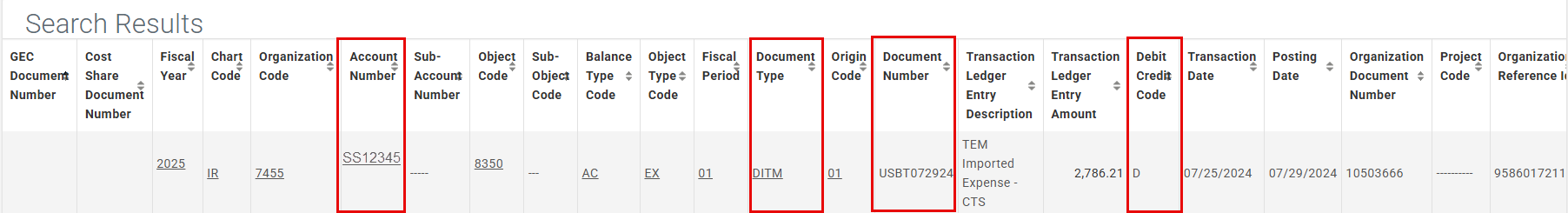 General Ledger entry with document type DITM and Document number starting with "USBT"