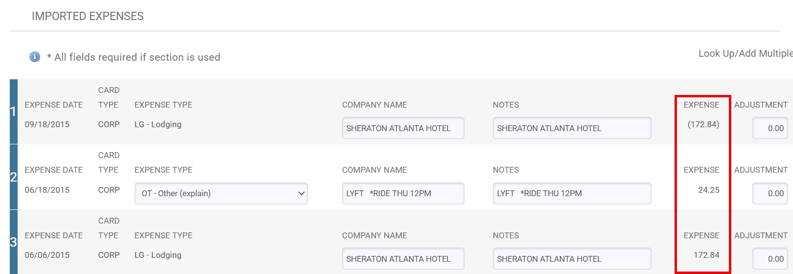 Actual Expenses tab highlighting a a credit of $172.84, an expense of $172.84 and and expense of $24.25.