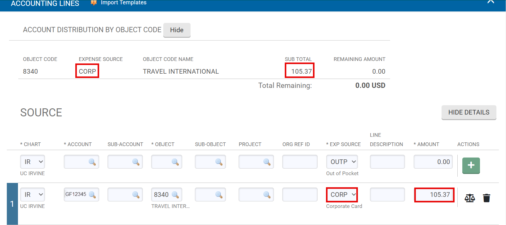 Actual Expenses tab highlighting a a credit of $172.84, and an expense of $278.21.