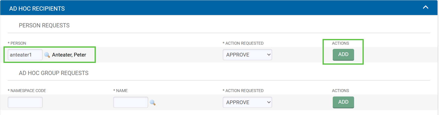 AD HOC Recipents tab with "anteater1" in the Person field and the ADD button highlighted. 