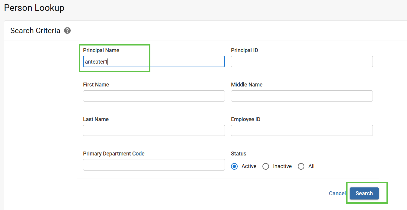 Person lookup with "anteater1" in the Principal Name filed and the Search button highlighted