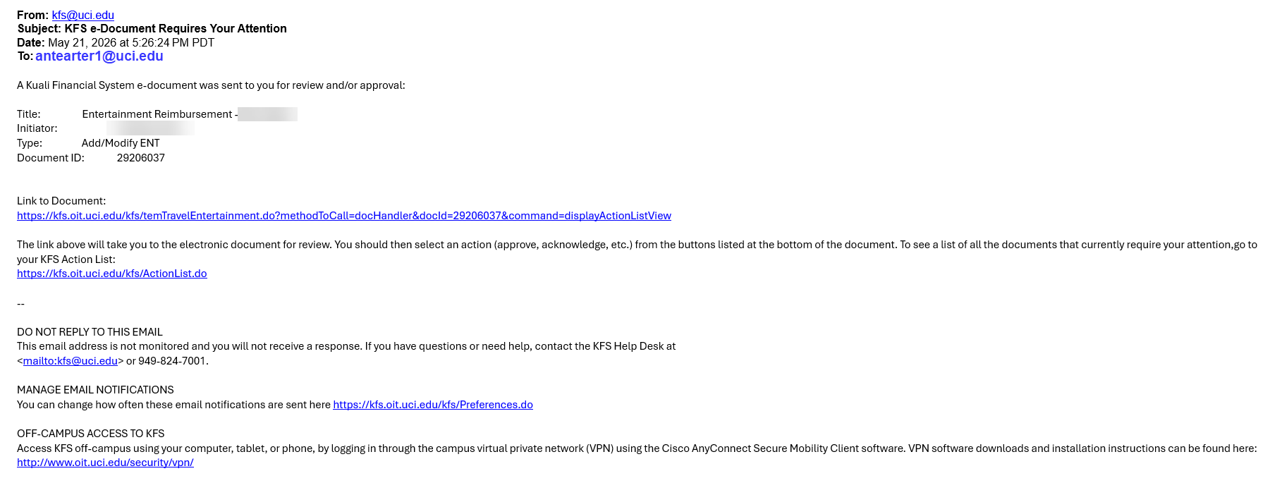 Email notification for Entertainment Reimbursement approval. 
