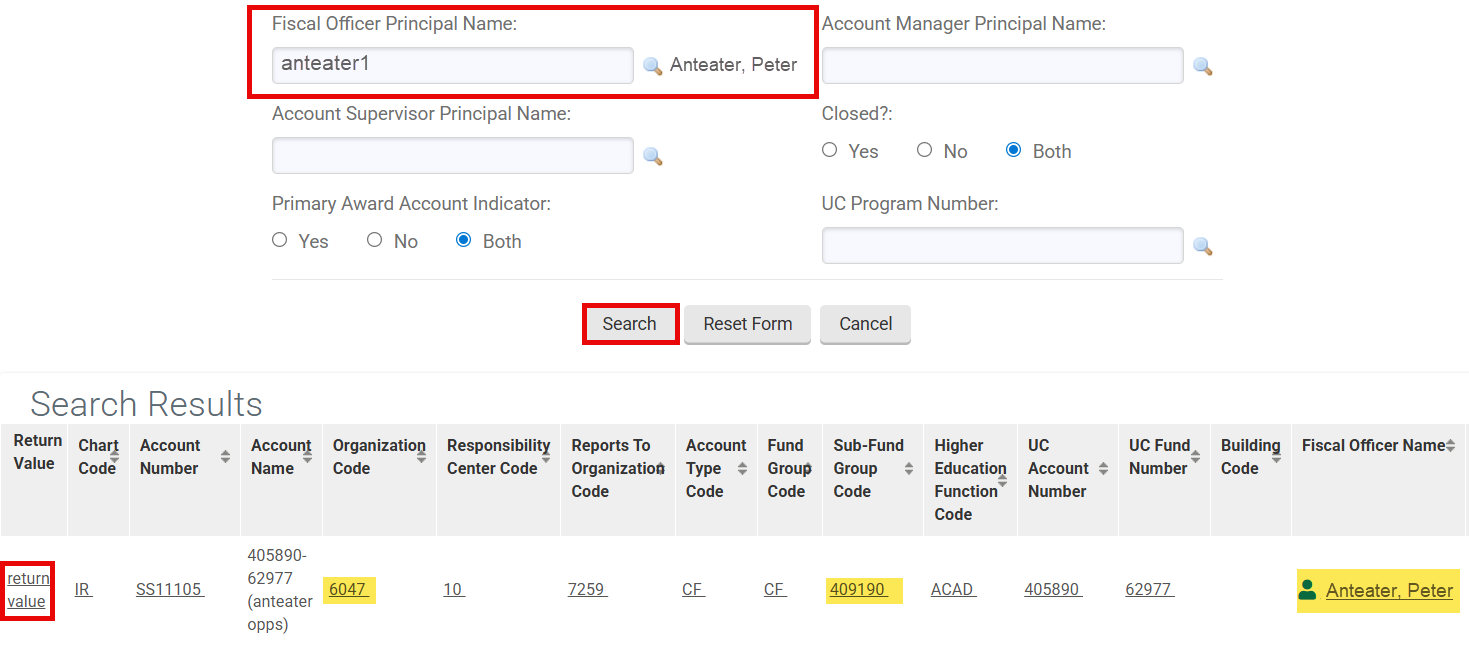 Account Lookup Fiscal Officer