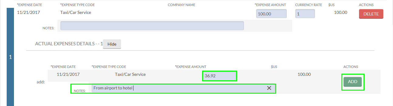 the expense field, note field and, add button are highlighted 