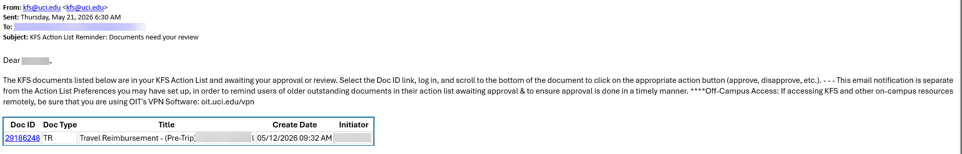 KFS email notification to a UCI employee approver containing links to the action list and action list preferences