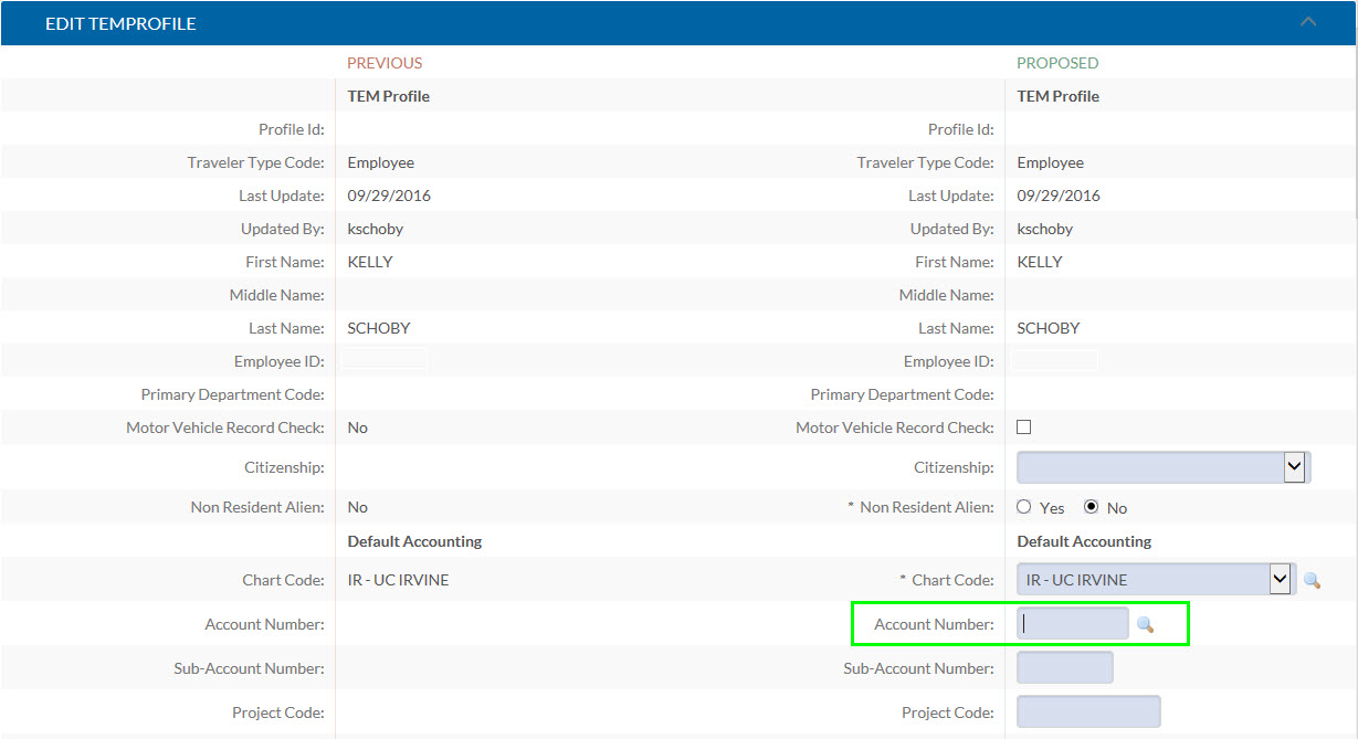 in a tem profile document the account number field is highlighted