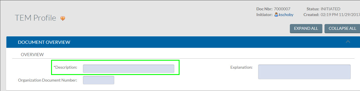 in a tem profile document, the description filed is highlighted