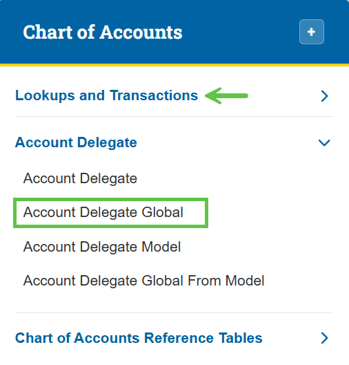 Zot Portal Chart of Accounts – Account Delegate Global eDoc highlighted.