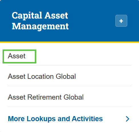 Zot Portal Capital Asset Management section with Asset highlighted.