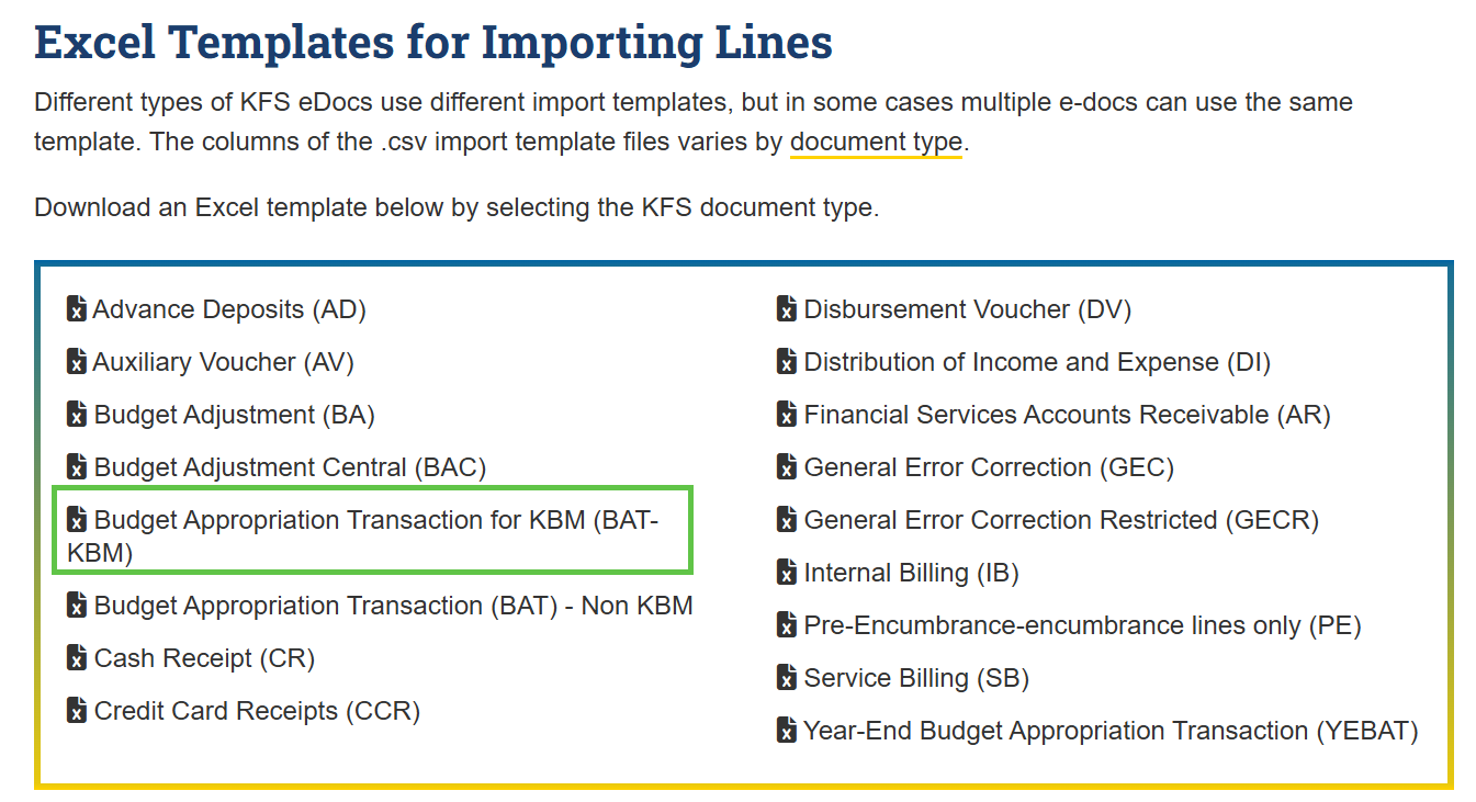 Importing lines page with Budget Appropriation Transaction highlighted. 