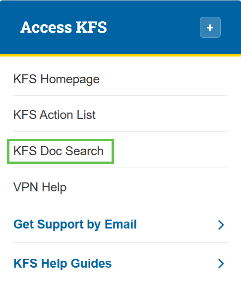 Access KFS section of ZotPortal with KFS Doc Search highlighted.