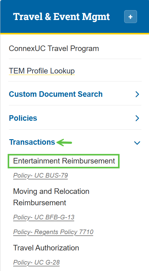 Zot Portal Travel & Event Mgmt – Entertainment Reimbursement eDoc highlighted