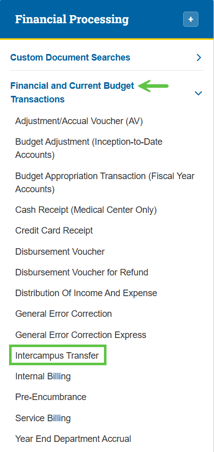 Zot Portal Financial Processing Intercampus Transfer eDoc highlighted