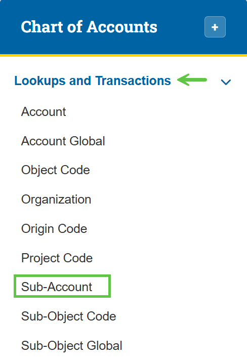Zot Portal Chart of Accounts – Lookups and Transactions expanded with Sub-Account highlighted.