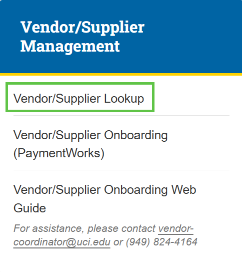 Vendor/Supplier Management menu with Vendor/Supplier Lookup highlighted