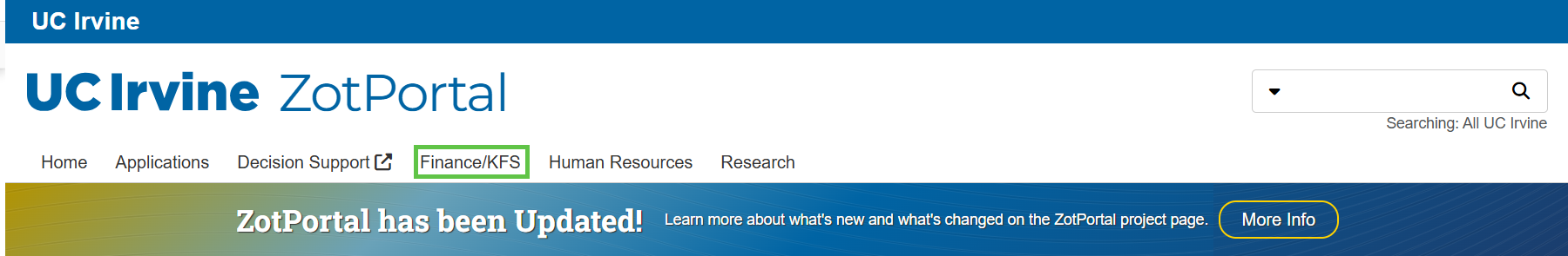 ZotPortal Homepage, Finance Tab