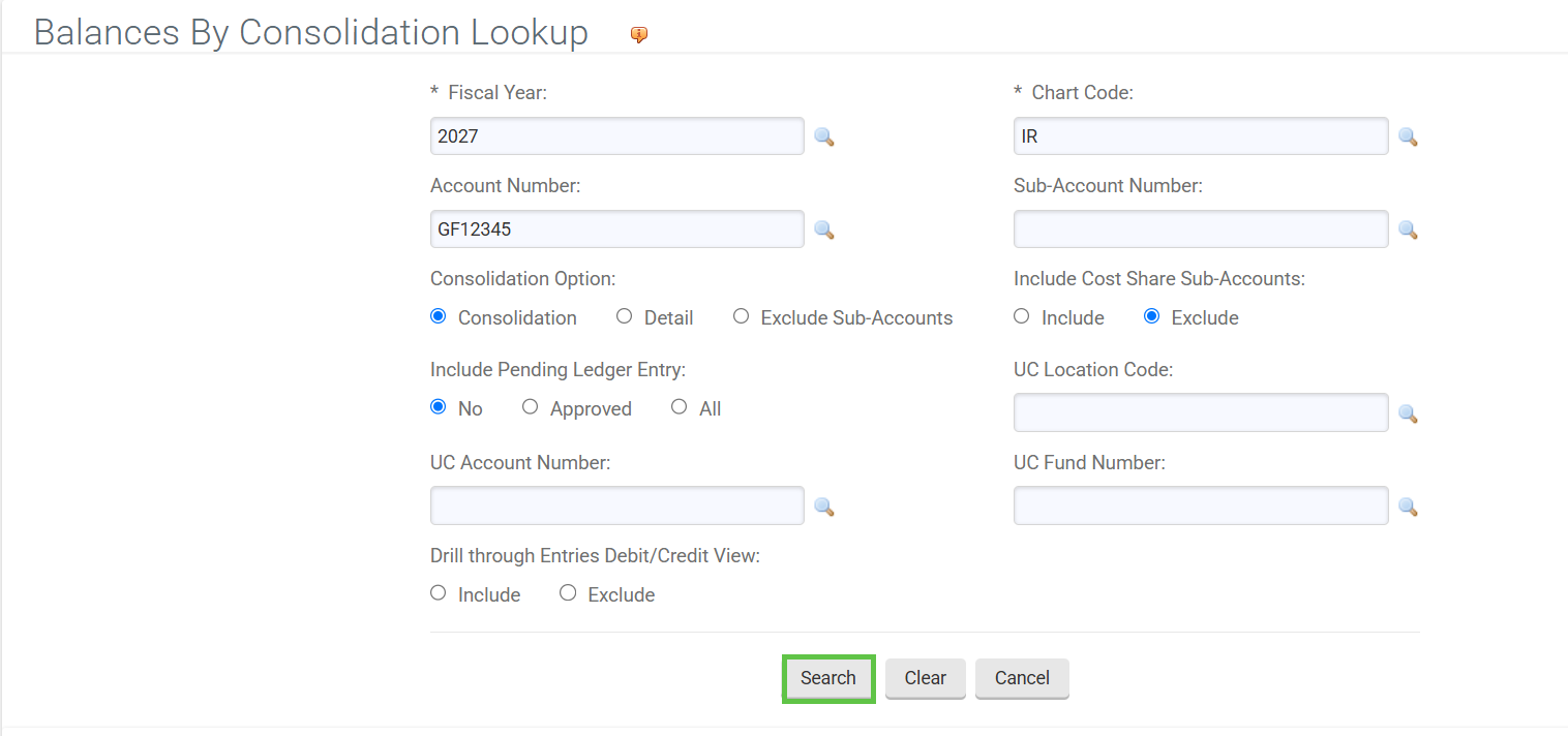 Balances by Consolidation Lookup with account filled out and search button highlighted.