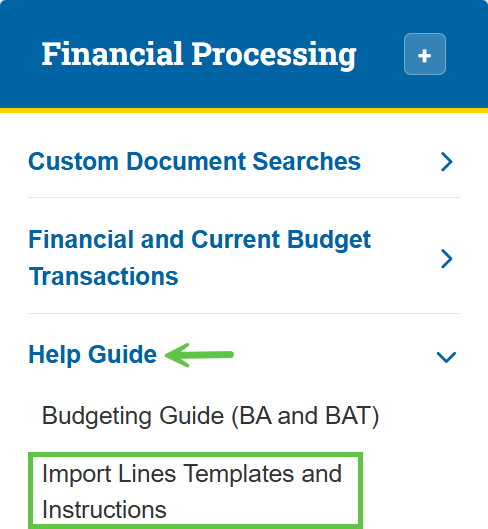Financial Processing section of zot portal, help guide and import lines highlighted.